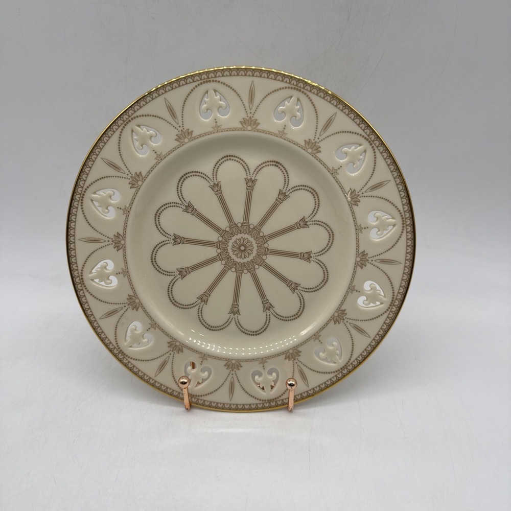 LENOX "Modano Lace" Accent Luncheon Plate Pierced Rim Gold Trim USA 9.25"